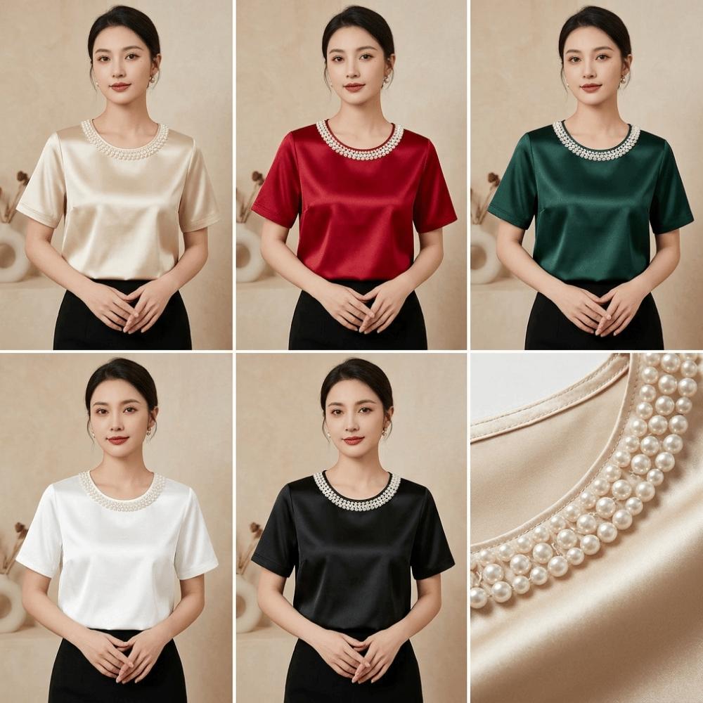 Elegant Pearl Collar T-Shirt Loose Women's Tops Comfortable Satin Silk T-Shirt Office Dress