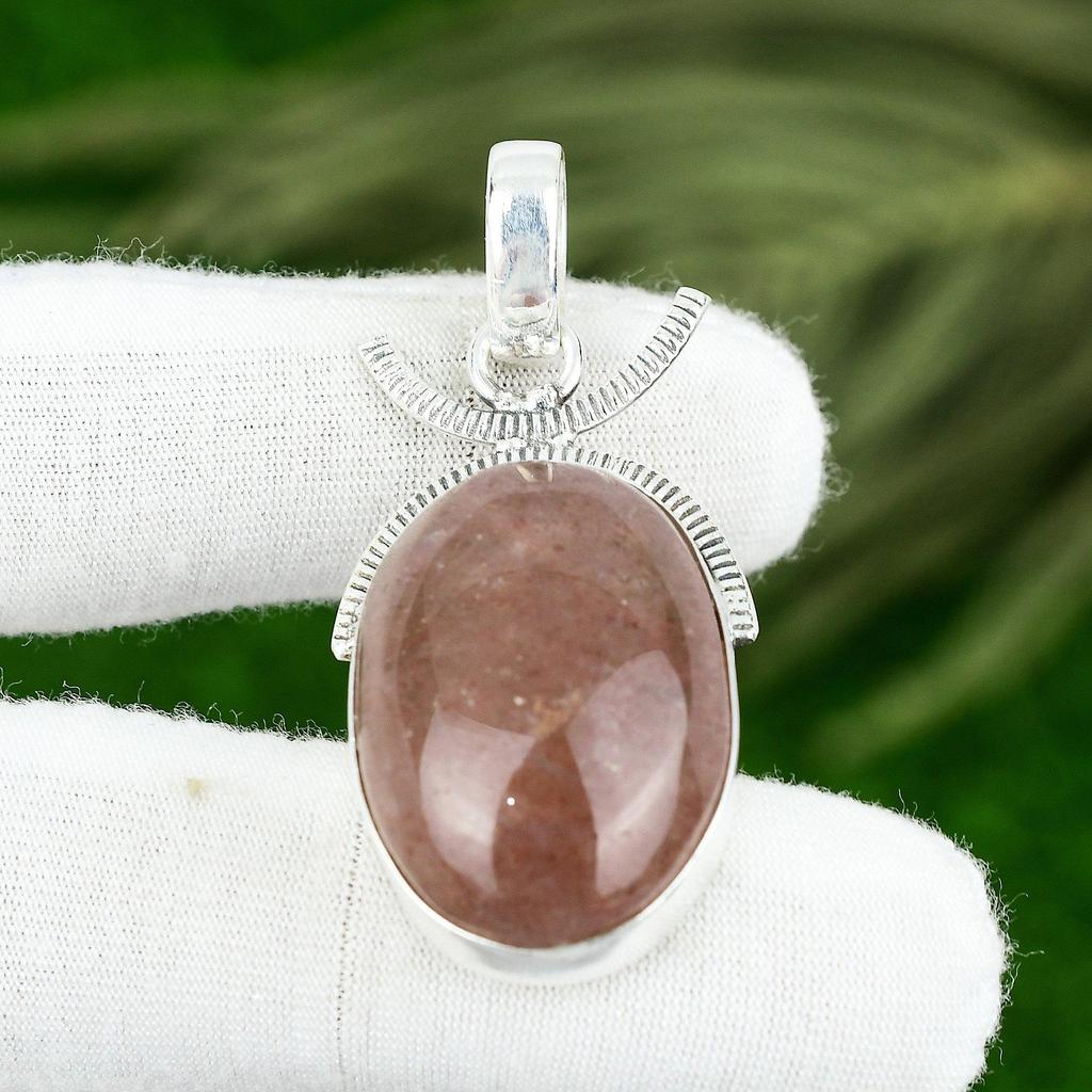 Natural Strawberry Quartz Gemstone Pendant Pink 925 Sterling Silver Jewelry