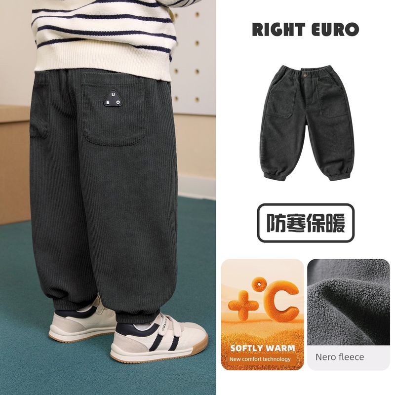 Right European Style Boys' R Series Thickened Trousers with Fleece, Warm Casual Pants, New Winter Children's Clothing for Babies