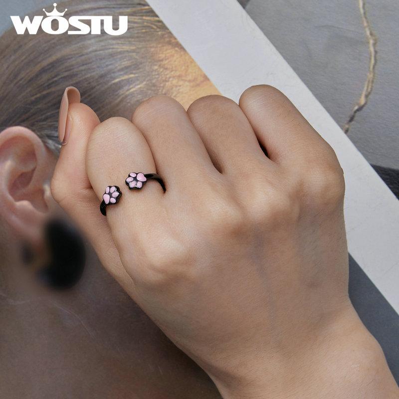 WOSTU 925 Sterling Silver Black Cat Claw Open Rings Size 6-9 Cute Pet Finger Ring for Women Party Original Fine Jewelry