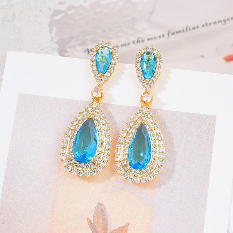 Atmospheric Rose Red Water Drop Earrings Exaggerated Women'S Stud Earrings High-End Temperament Luxury Zircon Earrings