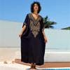 Шикарный черный кафтан с вышивкой золотой нитью размера плюс, платье с v-образным вырезом, 2024, женская летняя пляжная одежда, купальник, свободный кафтан Q1685