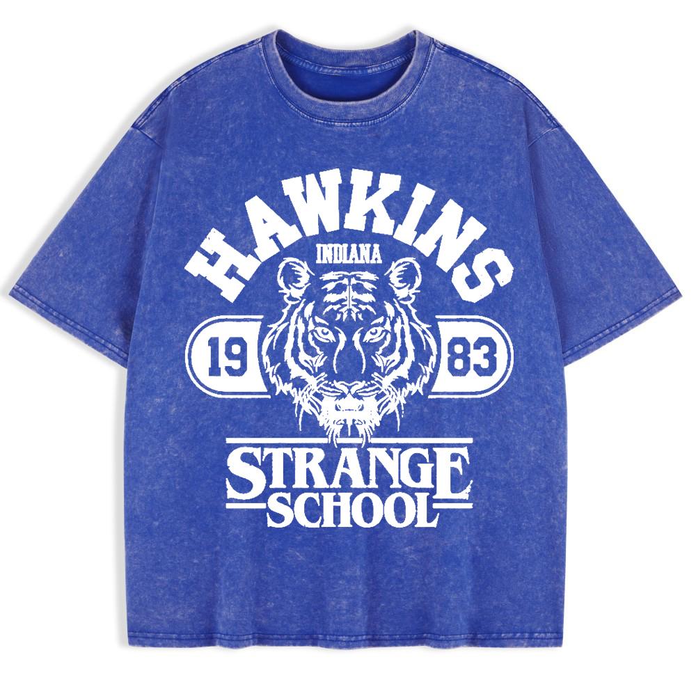 Hawkins Strange School Принты Стиранные Футболки Мужские Хлопковые Топы с Коротким Рукавом Летние Футболки Оверсайз с Круглым Вырезом Одежда