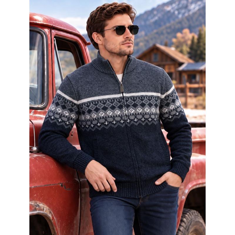 Men S Fleece Cardigan Sweater Nordic Jacquard Loose Fit Long Sleeve Zip Up