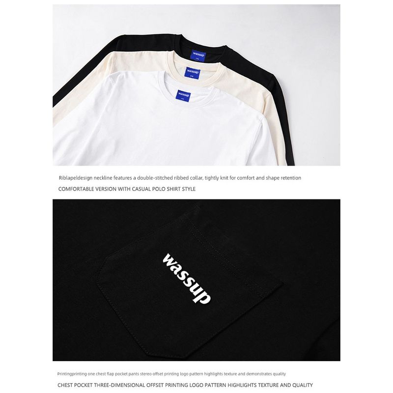 Wassup American Retro Letter Cotton Long-Sleeve T-Shirt for Men and Women, Simple and Versatile Solid Color Couple's Base Shirt Top