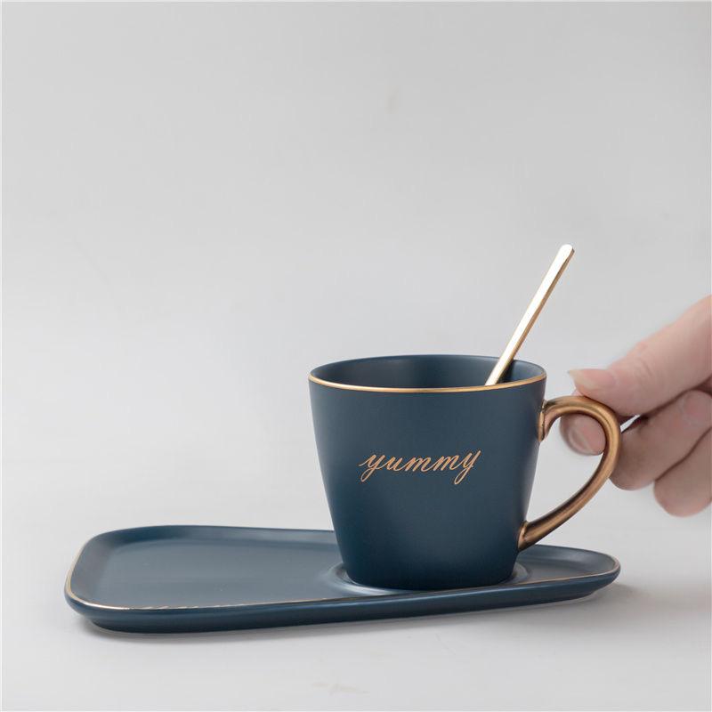 Solid Color Nordic Style Gold Plated Coffee Cup Ceramic Water Cup Mug Breakfast Cup Milk Cup Afternoon Tea Coffee Cup Plate Two Piece Set