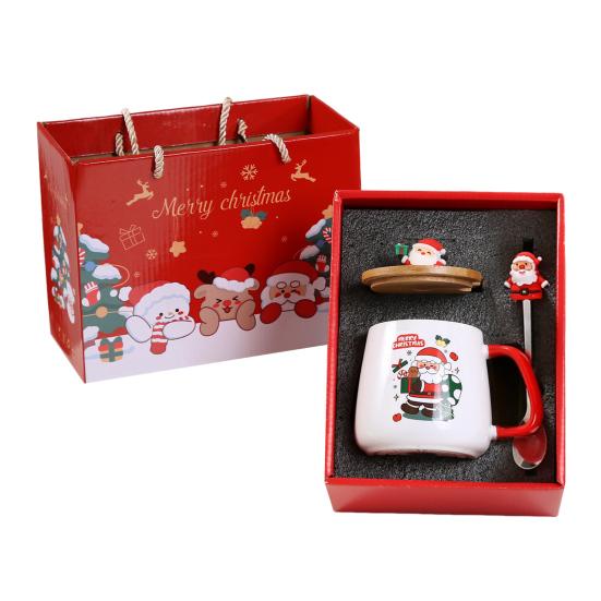 Рождественская подарочная кружка с крышкой и ложкой, Санта Клаус, Олень, Керамическая чашка, Сохраняет напитки теплыми