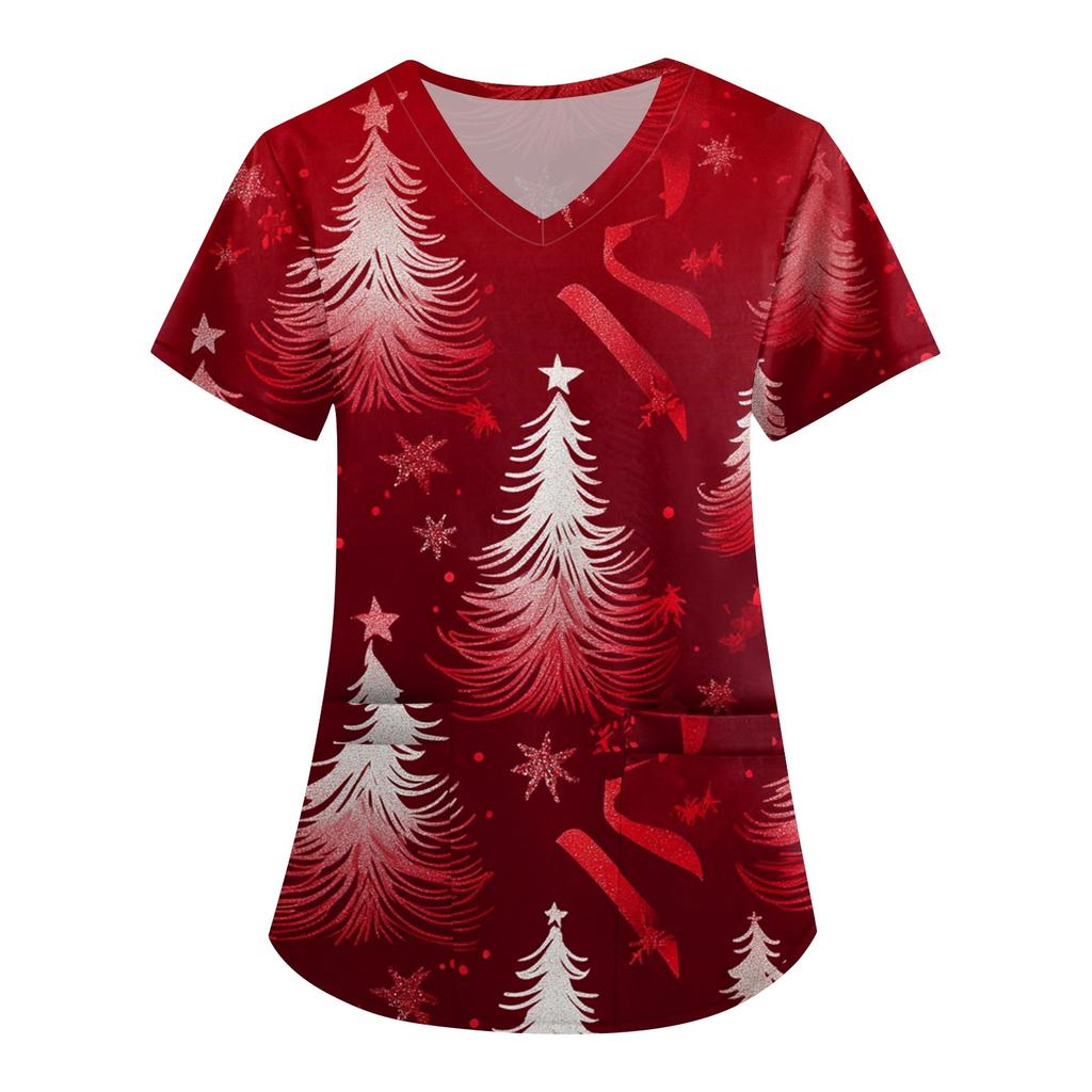 Женская симпатичная рабочая одежда с принтом, V-образным вырезом, двухслойными карманами, базовым коротким рукавом, пуловером на Рождество