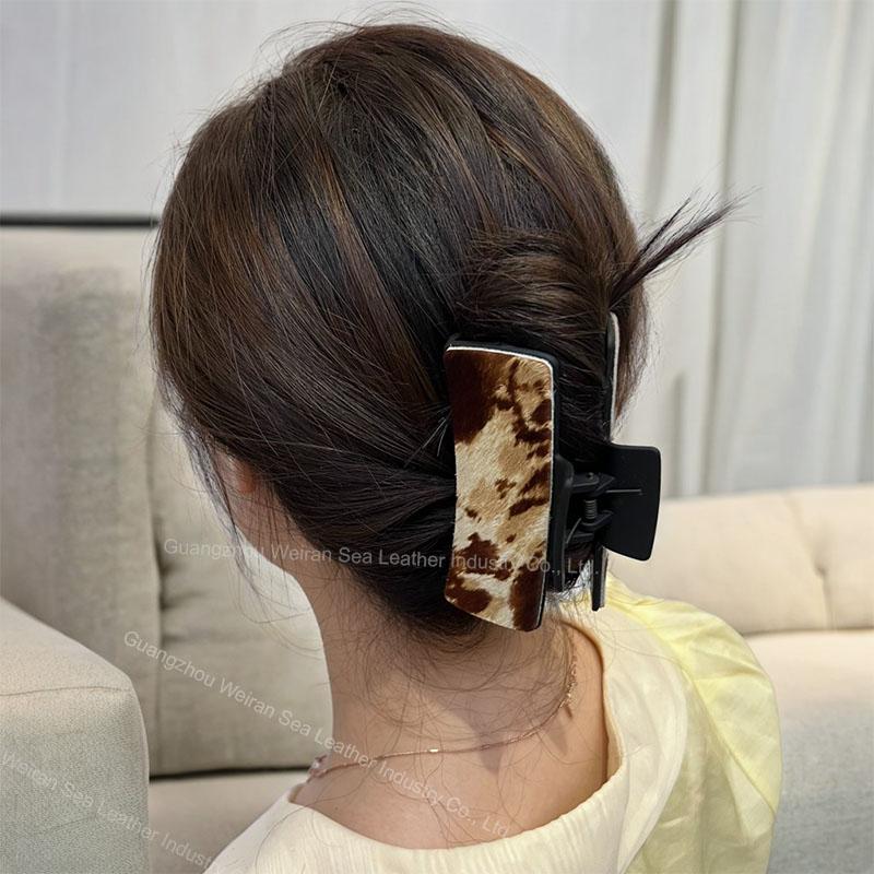Horsehair Leather American Cow Boy Style Hair Claws Fashion Leopard Pattern Retro Rectangle Hair Clips