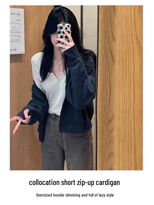 Women's Navy Blue Sporty Zipper Sweatshirt - American Style, Early Autumn 2025