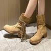 Модные женские сапоги тренд ретро толстый каблук западные женские туфли ботильоны с длинным голенищем стройнящие на устойчивом среднем каблуке размер 35-43