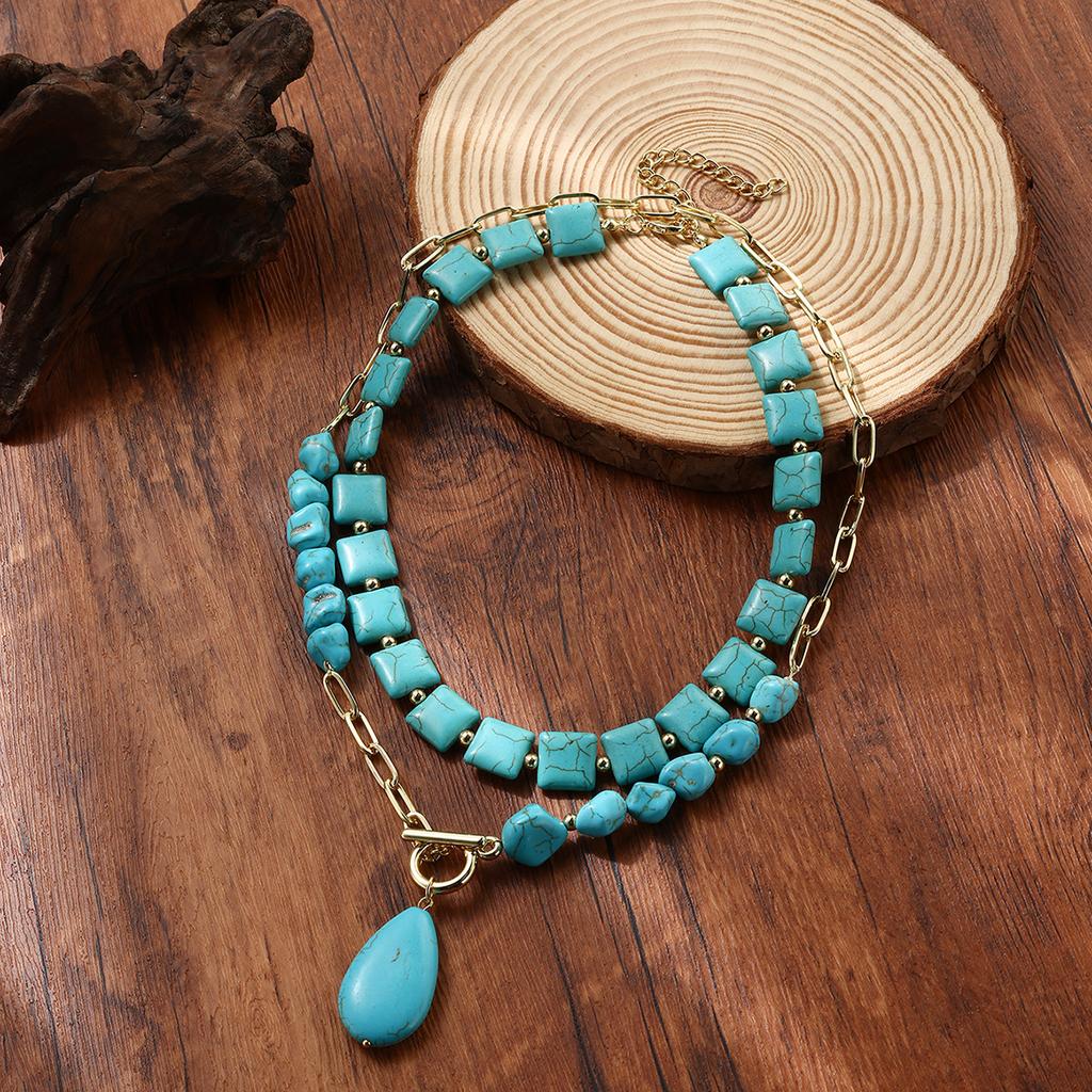 Necklace for Women Natural Turquoise Beaded Jewelry Niche Design Sense Double Teardrop Pendant Turquoise Necklace Beautiful Elegant Necklace for Her