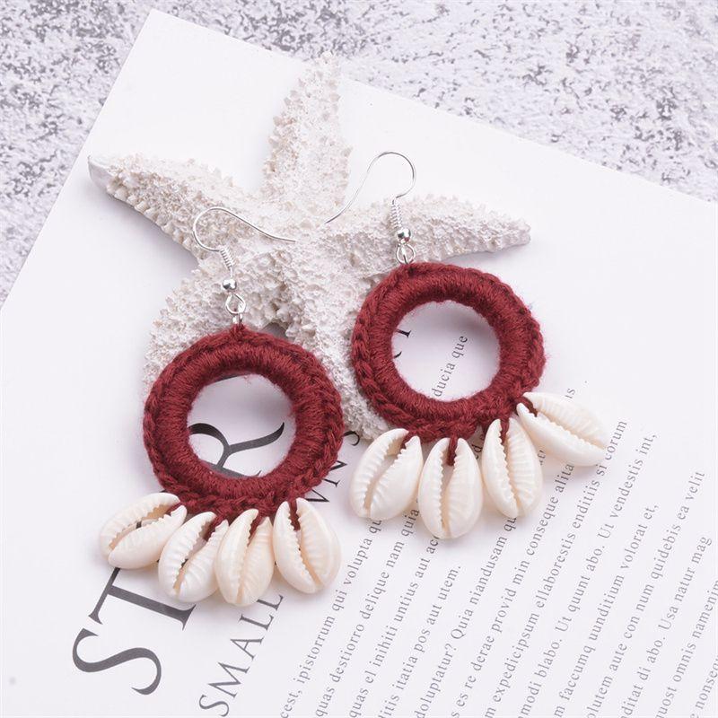 Серьги-ракушки с кисточками, модные пляжные серьги в стиле бохо, оригинальные новые большие круглые висячие серьги, женские вязаные крючком серьги