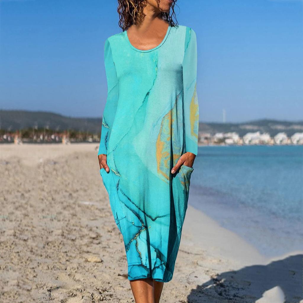 Women's And Winter Printed Round Neck Long Sleeve Dress With Pockets