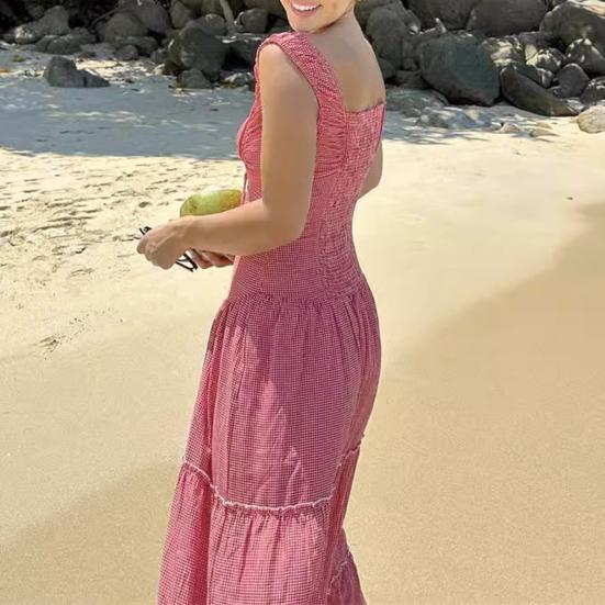 Женское платье макси без рукавов в клетку в клетку с круглым вырезом, длинное платье со сборками, сарафан А-силуэта с рюшами и бретелями, струящийся