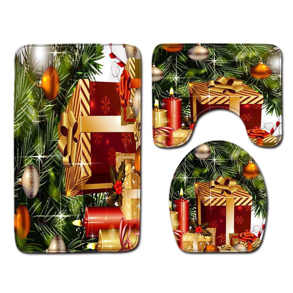 Christmas Shower Curtain Floor Mat Combination Four-Piece Set Bathroom Toilet Carpet Shower Room Mat Foot Mat