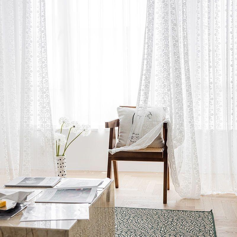 Элегантная белая кружевная прозрачная занавеска с цветочным узором - полупрозрачная полиэстеровая ткань для гостиной, спальни или балкона