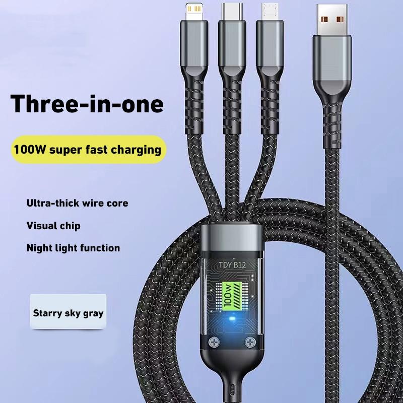 100 Вт 3 в 1 сверхбыстрый зарядный кабель прозрачный светящийся сверхбыстрый зарядный кабель USB Type C мульти удлинитель для Android