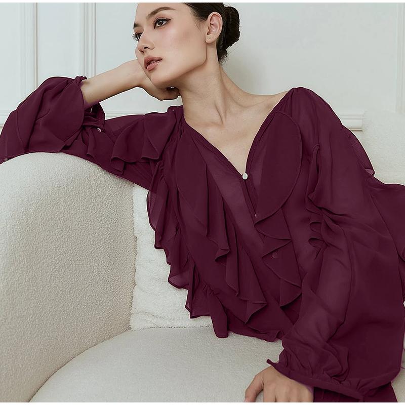 Модные женские рубашки с оборками, свободные, сексуальные, с V-образным вырезом, однобортные, с рукавами-фонариками, блузка 2025 года, весна-лето, женские уличные однотонные топы