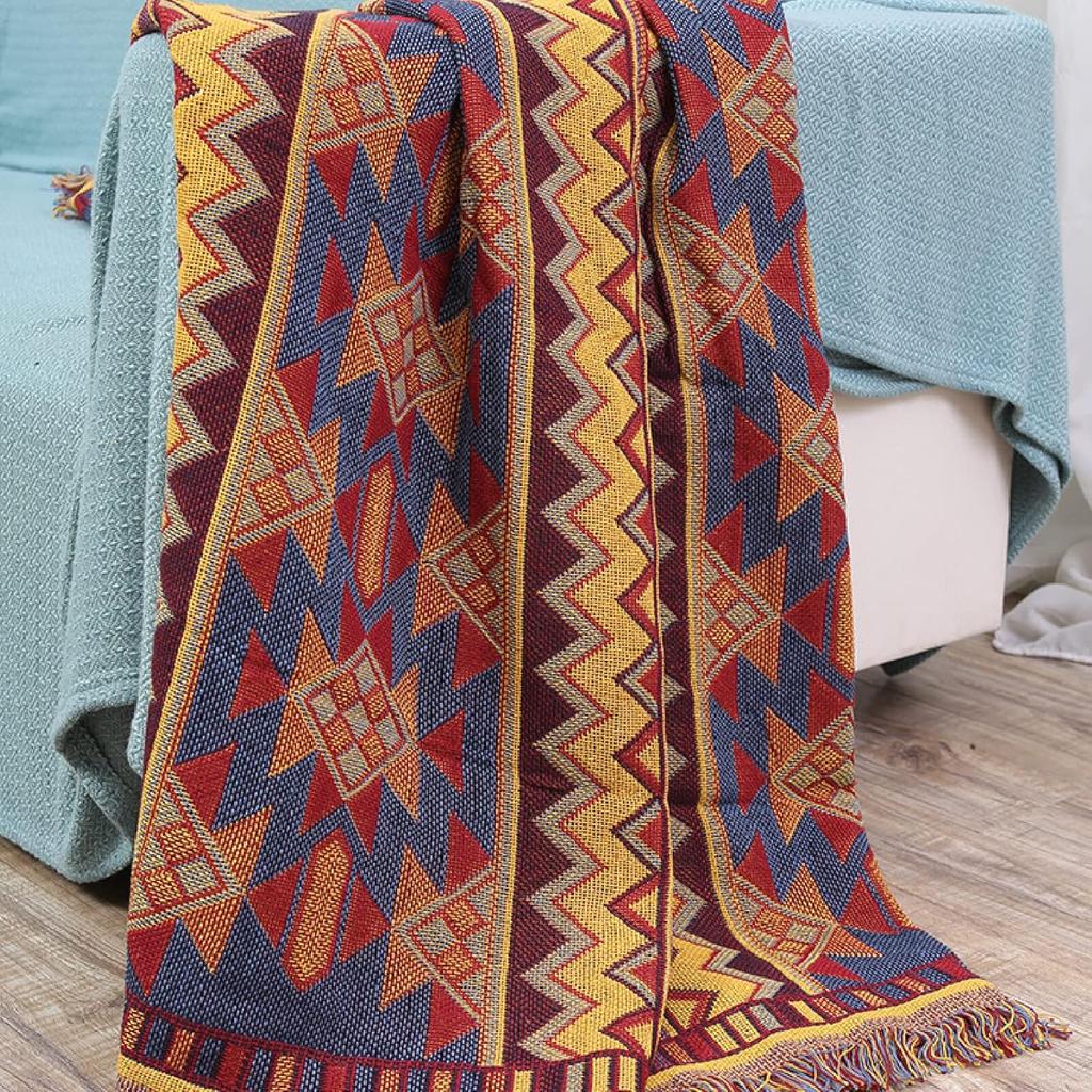 Blanket for Bed, Large Throw Blanket, Bohemia Yellow Geometric Pattern Jacquard Tassels Reversible Woven Throws for Sofas Couch Bed Decorative