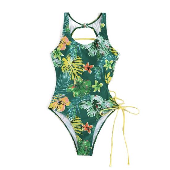 Women Monokini Floral Print Solid Color Hollow Out Multi Straps Lace