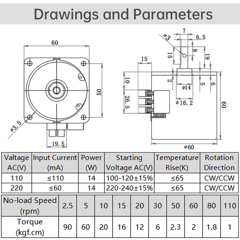 60KTYZ Synchronous Gear Motor 110/220V 2.5RPM/5/10/15/20/30/50/60/80RPM CW/CCW High Torque Permanent Magnet Micro Electric Motor