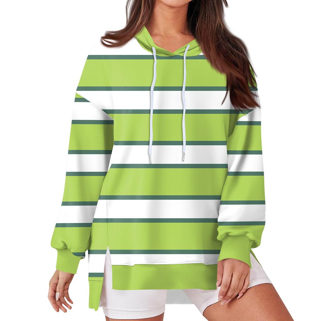 Женская модная повседневная толстовка с капюшоном с длинными рукавами и завязками, полосатая лоскутная принтованная свободная толстовка с разрезом