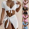 Women Fashion Bikini Set 4 Pieces Solid Swimwear Set Halter Backless Top Thongs Short Sleeves Lace Up Cover-ups Swimsuit Sexy Bathing Suit