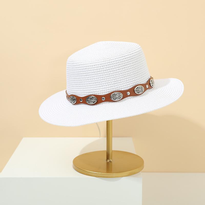Summer new rivet belt straw woven flat top hat casual retro sun hat travel vacation straw hat sun protection hat women
