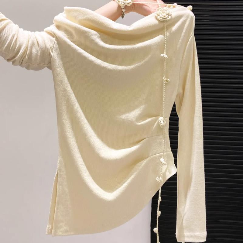 Горячая девушка Свинг-воротник Покатое плечо Цветочное кружево Длинный рукав Футболка Женская 2025 Ранняя осень Новинка Плиссированная талия Базовый топ