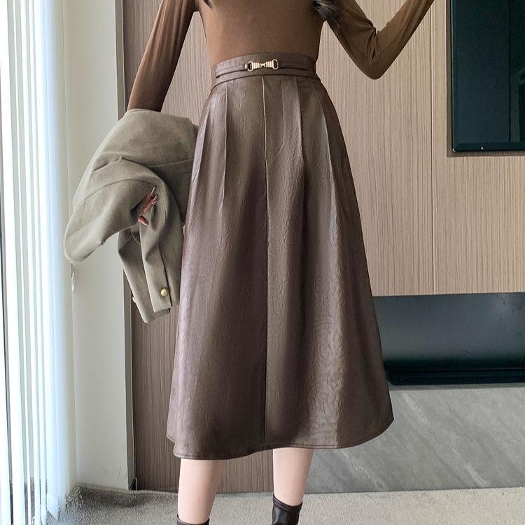 Dimanaf 2025 Новые Осенние Большие Размеры Длинные Женские ПУ Юбки Эластичная Талия Оверсайз Дама Элегантные Юбки с Завышенной Талией Однотонные