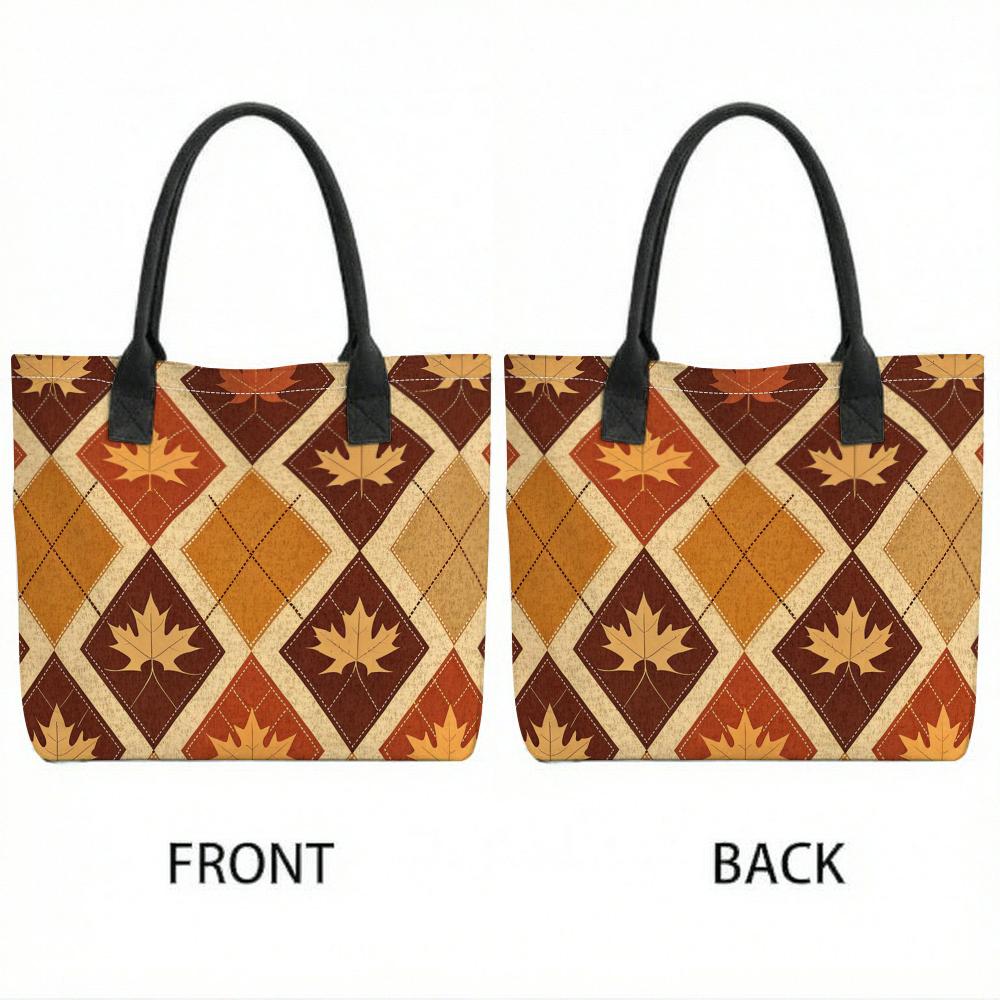 Autumn Maple Leaf Argyle Pattern Large Capacity Tote Bag Daily Casual Shoulder Handbag