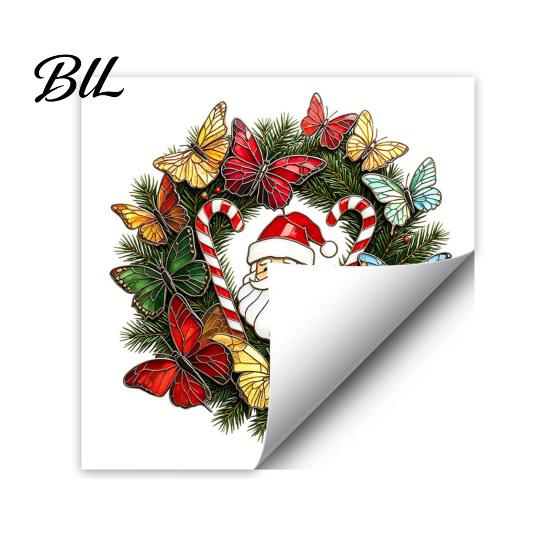 Removable Festive Window Art Christmas Wreath Sticker, Stained Glass Style, Santa Butterfly Candy Bathroom Decoration Cane Decal, PVC Static Cling for