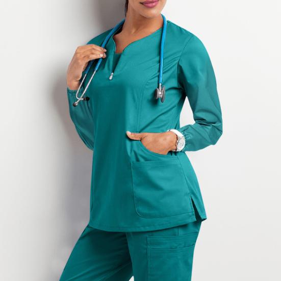 Nurse Uniform Top with 4 Pockets Zipper Half Placket Long Sleeve Side Slit Hem Loose Fit Nurse Scrub Top Workwear