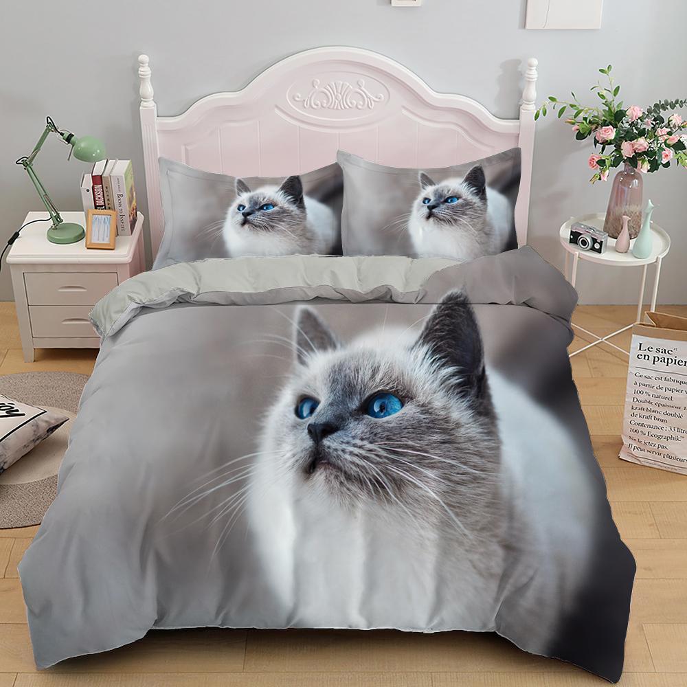White Cat King Queen Duvet Cover Kawaii Pet Kitty Bedding Set For Kids Teens Adults Family Animal 2/3pcs Polyester Quilt Cover