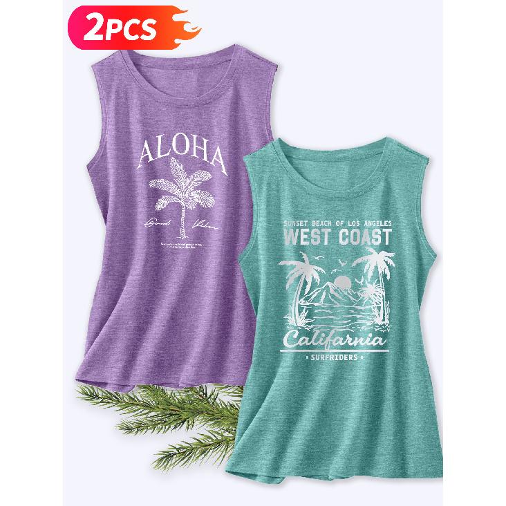 Follow a specific direction Two-piece women's sleeveless vest with vintage print Summer casual wear Hawaii ALOHA West Coast Cute Essential fashion