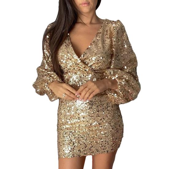 Women's Sexy Sequin Bodycon Dress Sheer Long Sleeve Deep V Neck Mini Dress Sparkly Evening Party Dress for Night Clubs