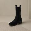 Krazing Pot Cow Suede Autumn Winter Shoes Round Toe Big Size Thick Med Heels Zipper Chelsea Boots Women All-match Mid-calf Boots
