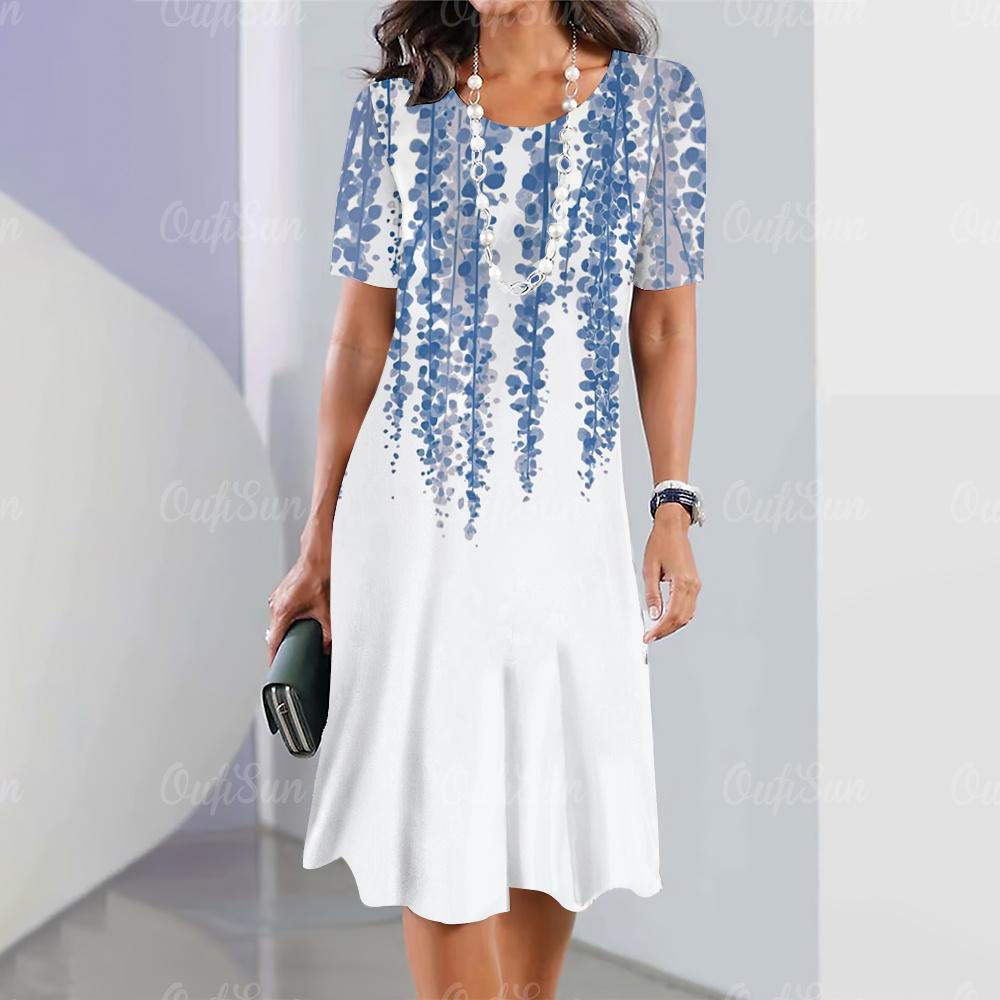 Элегантные женские платья, модные женские топы с короткими рукавами, повседневные женские свободные платья А-силуэта, пуловеры, простые цветы, одежда