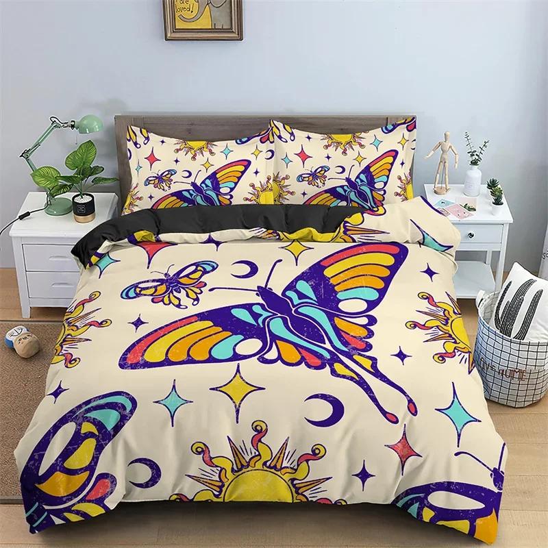 Butterfly Bedding Set Full King Size Hippie Boho Moth Duvet Cover Microfiber Animal Botanical Psychedelic Starry Sky Quilt Cover