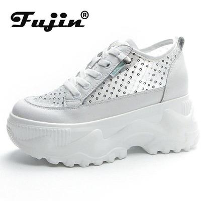 Fujin 8 см кружево с блестками из воздушной сетки коровья натуральная кожа массивные кроссовки на танкетке дышащие полые вулканизированные летние женские кроссовки