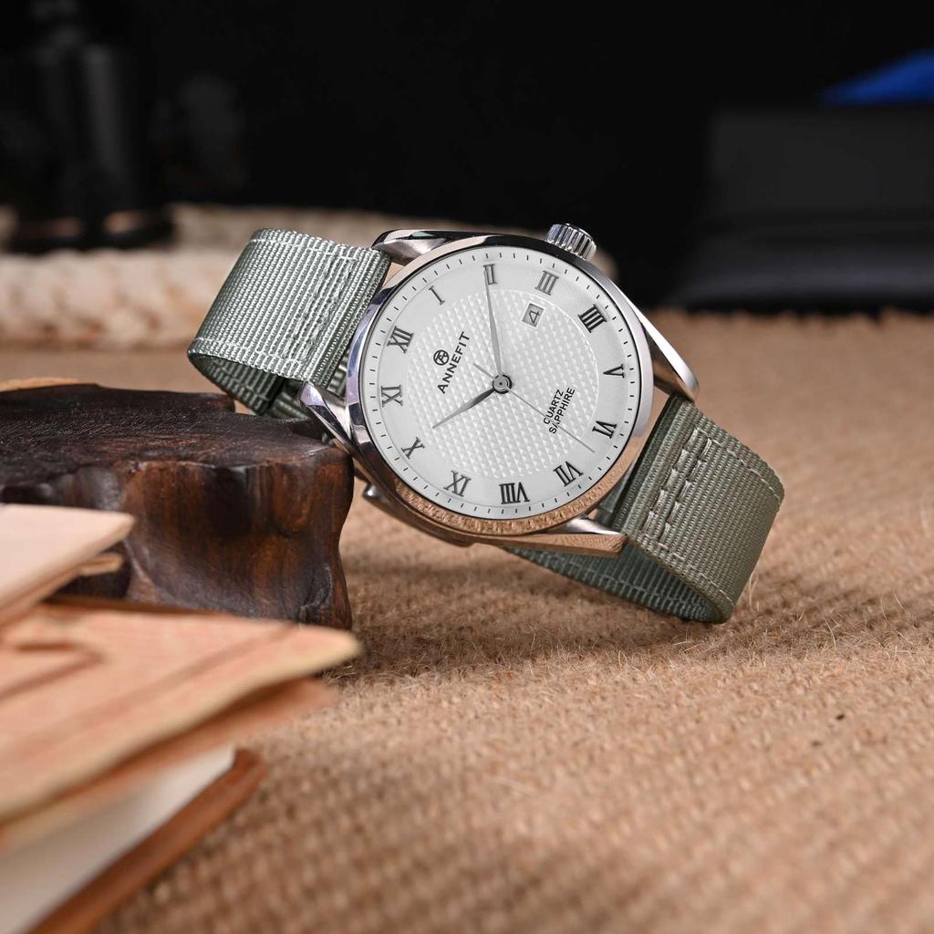 ANNEFIT Нейлоновые часы Военные часы Запасной нейлоновый ремешок с тканевой быстросъемной застежкой Ремешок, 18 мм, Двухкомпонентная отделка, Быстросъемный, Серо-серебристый