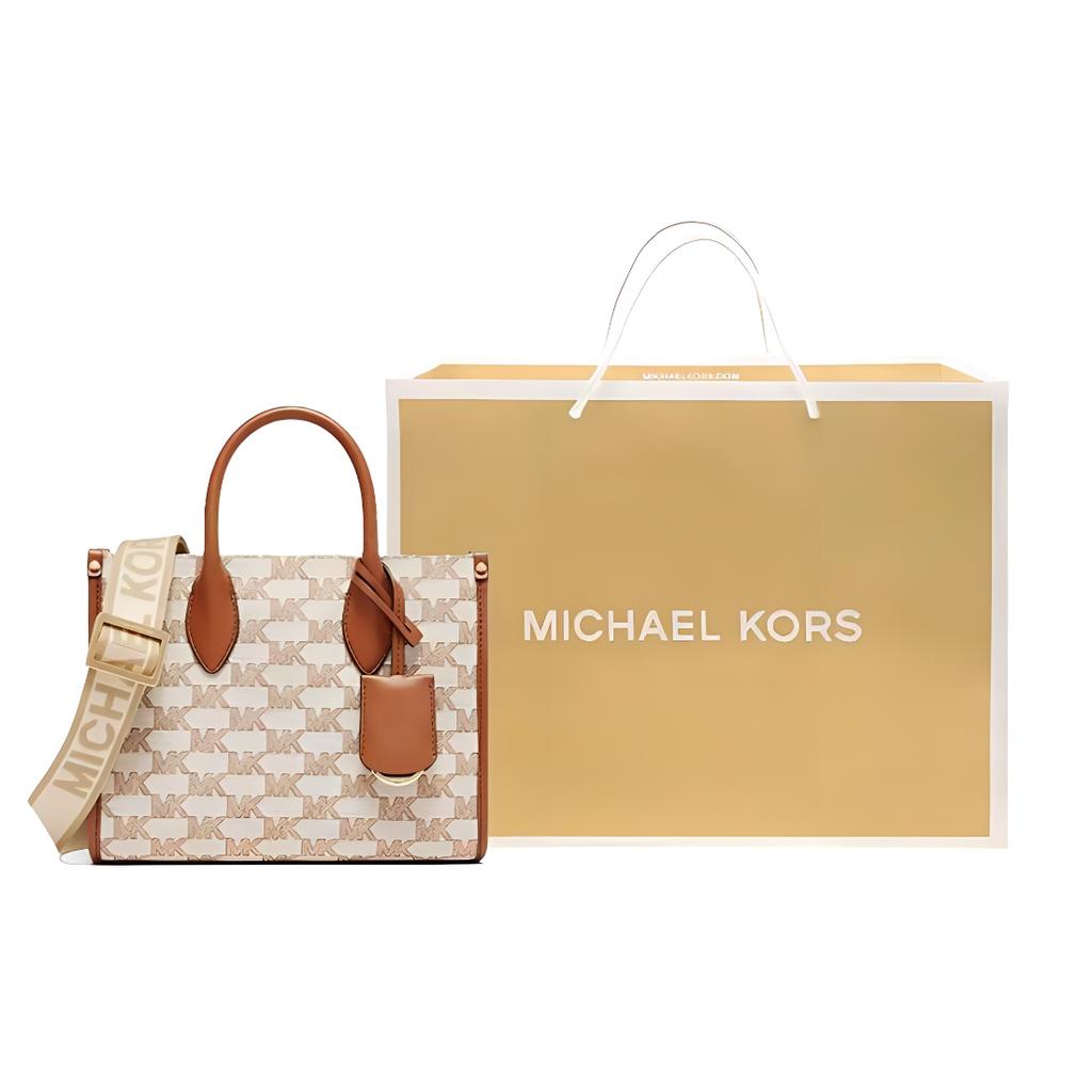 New MICHAEL KORS Mirella Artificial Leather Shoulder Bag, Handbag Women's Beige With Leather Brown 35S2G7ZC5J-299