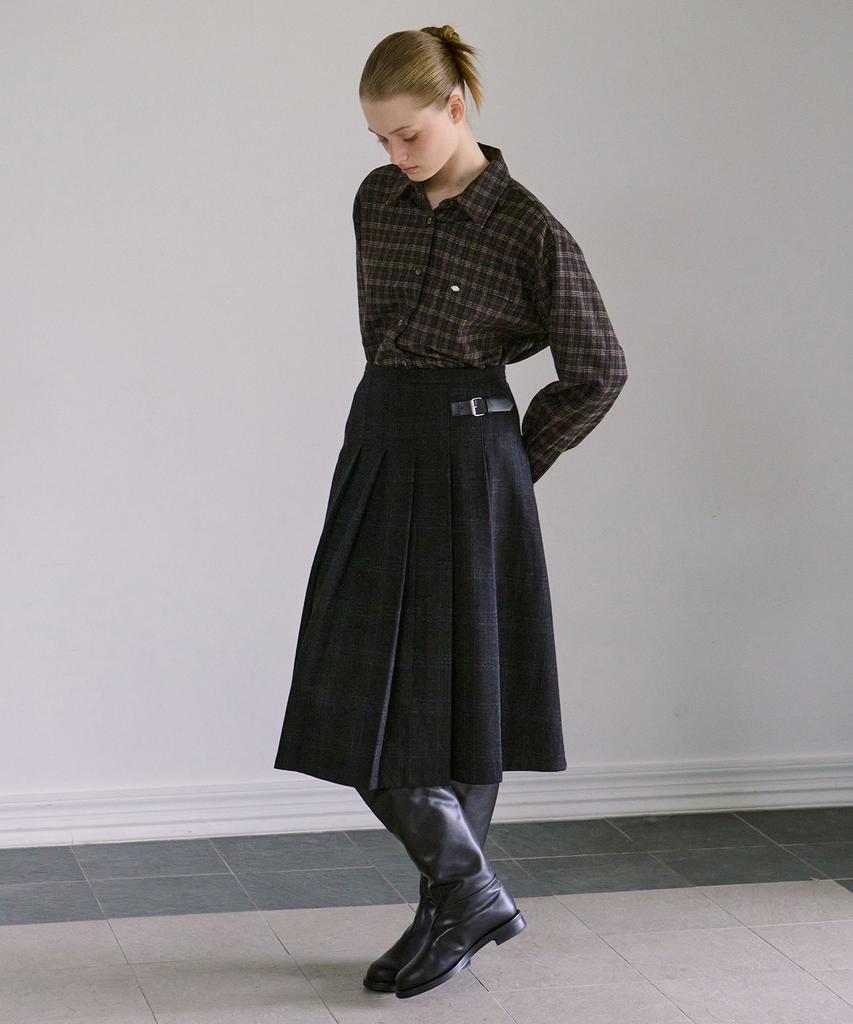 Awi Pleated Wool Check Skirt_Black