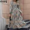 Women's Fashion Autumn Winter Flower Pattern Print Long Sleeve V-Neck Casual Dresses