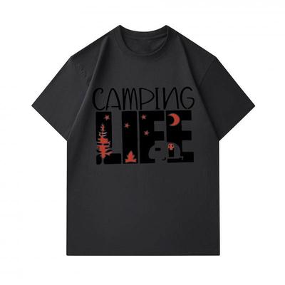 Men's 100% Cotton O-neck Short Sleeve T-shirt, Casual Camping Life Printed Top with Pine Tree Moon Star Camper Pattern for Daily Outdoor Wear
