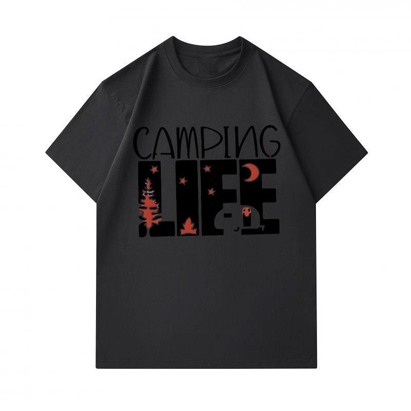 Men's 100% Cotton O-neck Short Sleeve T-shirt, Casual Camping Life Printed Top with Pine Tree Moon Star Camper Pattern for Daily Outdoor Wear