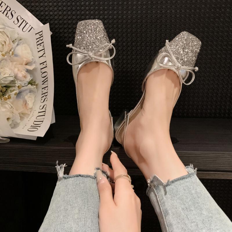 Fashion French Elegance Gold Butterfly Knot Square Head Single Shoes 2025 New Style Wrapped Head Thick Heel Sandals Women Summer Outdoor