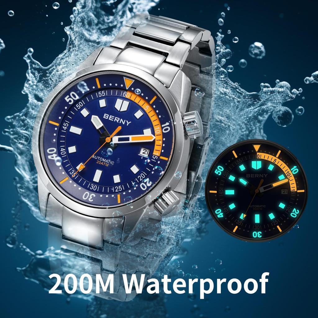 BERNY Diver's Watch Men's Automatic Watch Men's Diving Watch Automatic Mechanical Watch 20ATM Waterproof Sapphire Glass Super Luminous Diver's Watch