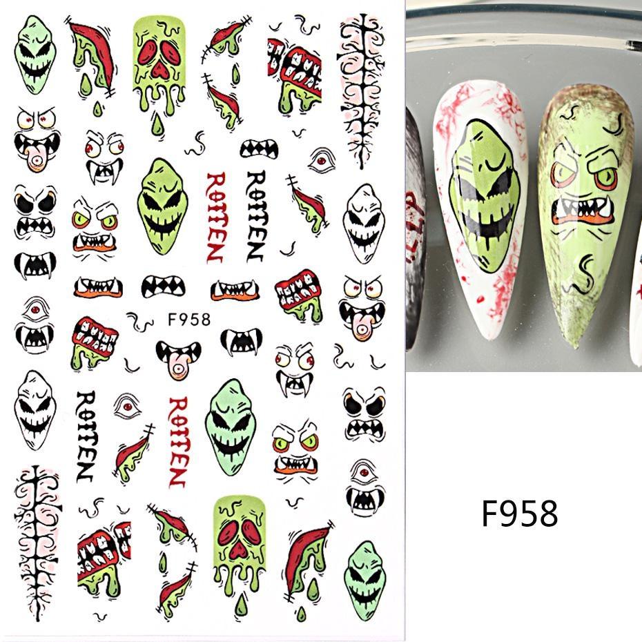 Cute Halloween Evil Nail Design Sticker Green Cartoon Skull Ghost Spooky 3D Punk Manicure Slider Decals DIY Nail Art